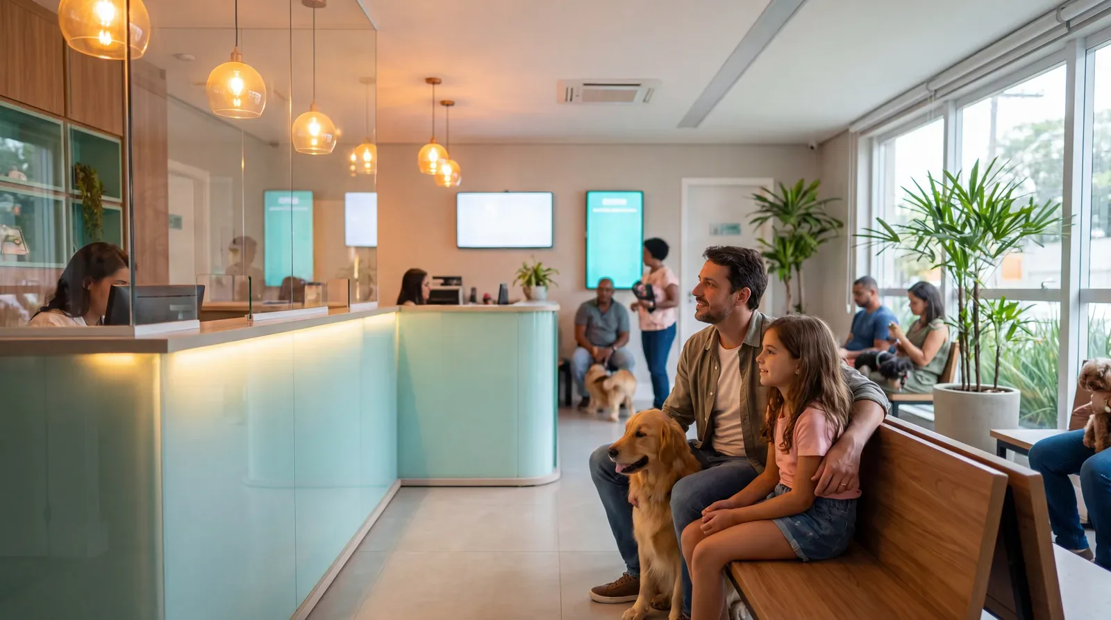Pai e filha com golden retriever na recepção de uma clínica veterinária em Maringá