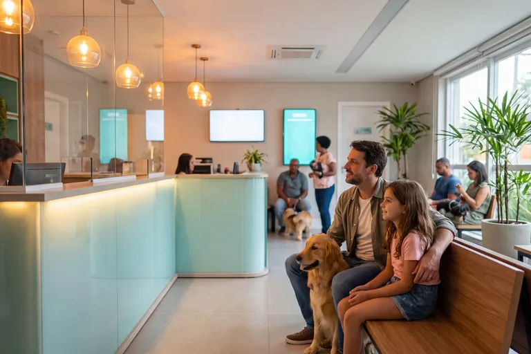 Pai e filha com golden retriever na recepção de uma clínica veterinária em Maringá
