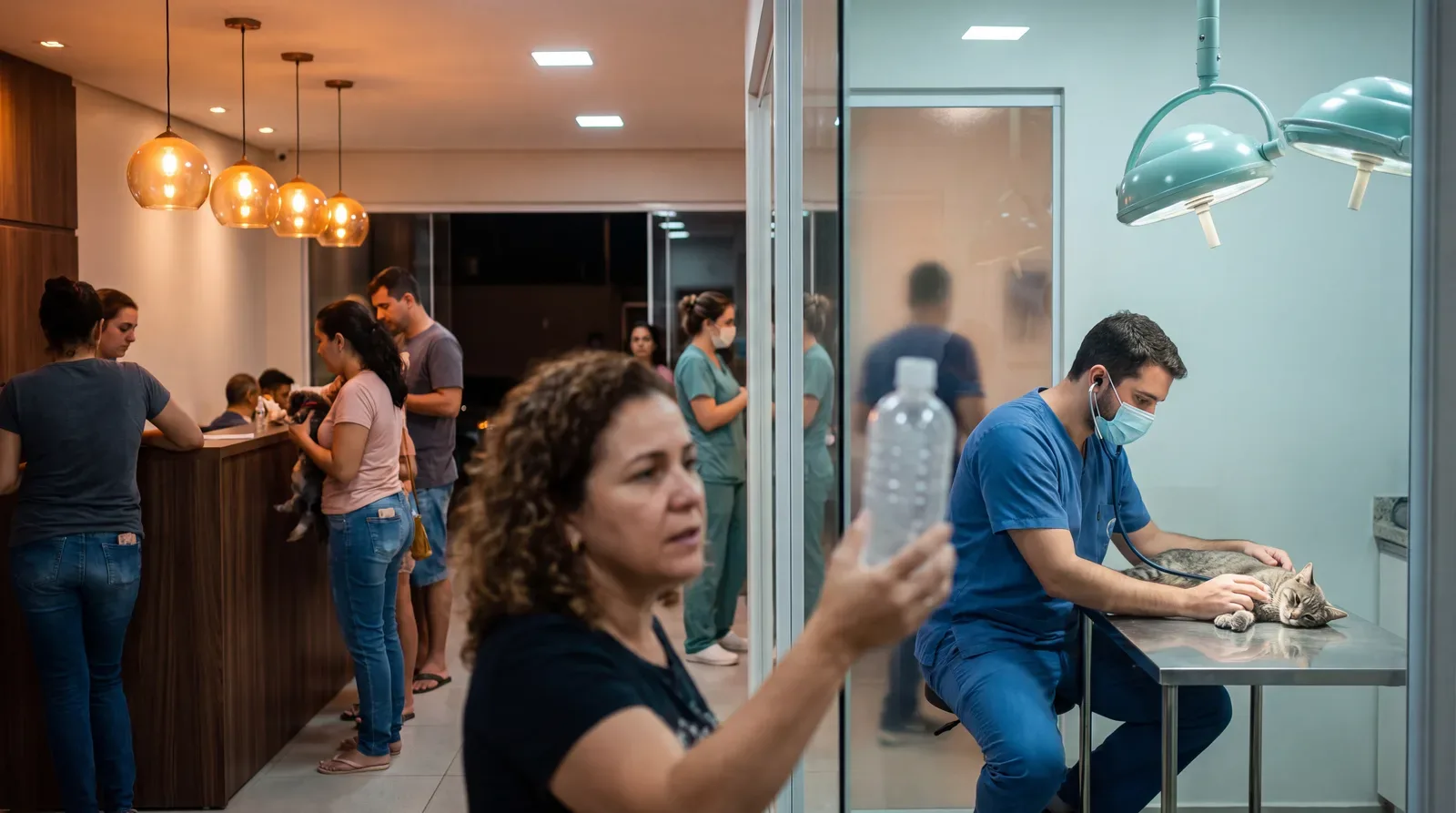 Veterinário examina um gato com suspeita de intoxicação na sala de emergência