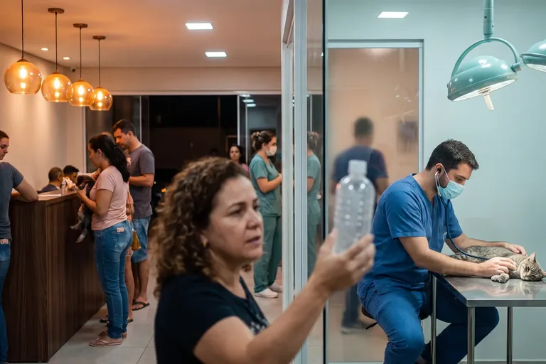 Veterinário examina um gato com suspeita de intoxicação na sala de emergência