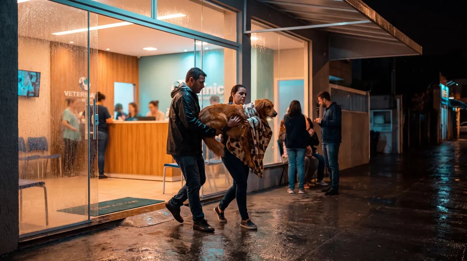 Tutores levam um cachorro com cuidado até a porta da clínica veterinária à noite