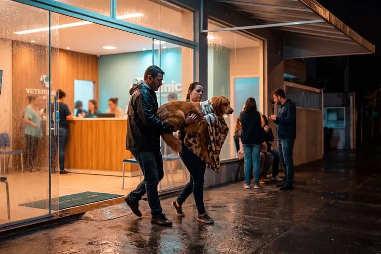 Tutores levam um cachorro com cuidado até a porta da clínica veterinária à noite