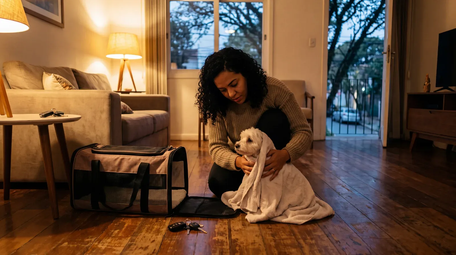 Tutora envolve um cachorro pequeno em uma toalha antes de ir à clínica veterinária