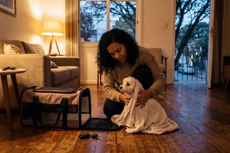 Tutora envolve um cachorro pequeno em uma toalha antes de ir à clínica veterinária