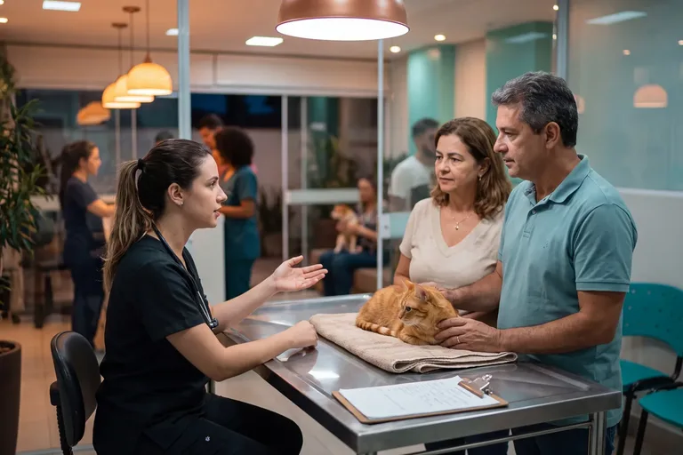 Veterinário explica o atendimento de emergência de um gato aos tutores na consulta